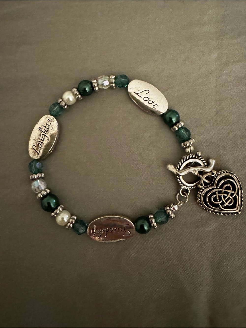 Silver Heart Charm Stretch Bracelet with Dark Green Beads